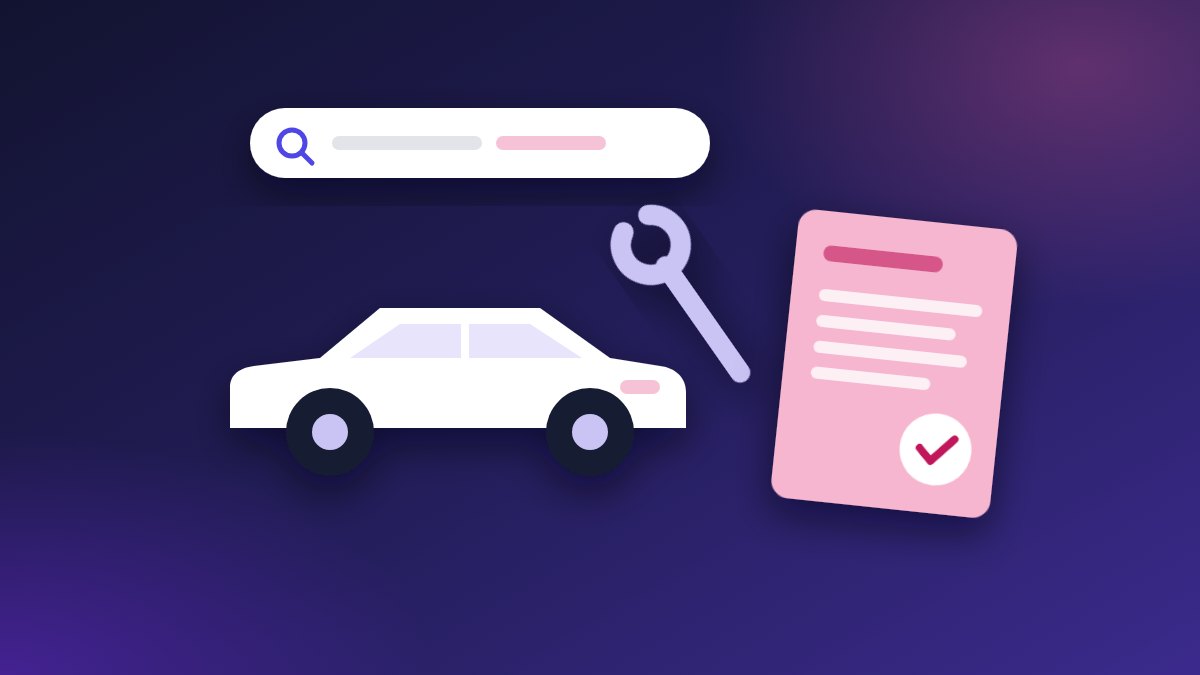 A drawn car and spanner under a search bar, beside a pink inspection slip with a tick.