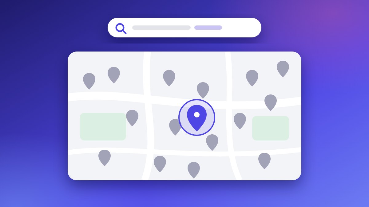 A drawn map of a few suburbs crowded with grey pins under a search bar, with one indigo pin ringed and standing out.