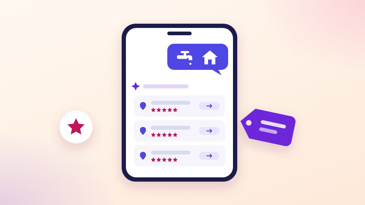 A drawn phone with an AI chat on it: a question bubble holding a tap and a house, answered by a shortlist of businesses with stars and links, beside a price tag.