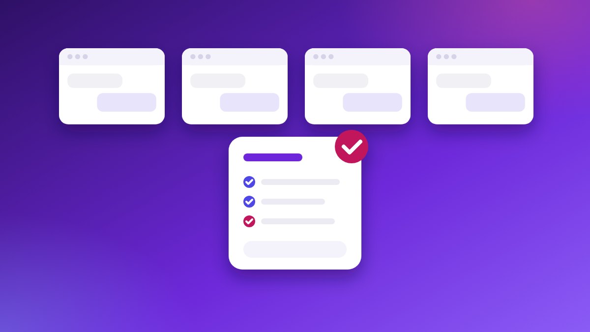 Four drawn AI chat windows that look alike, with a plan card in front of them marked with a tick.
