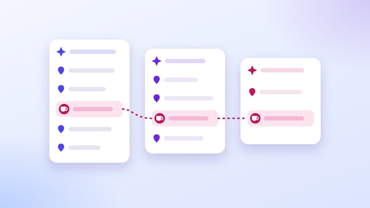 Three drawn AI answer cards side by side, each listing different businesses, with one entry, a cafe cup, joined across all three by a dotted line.
