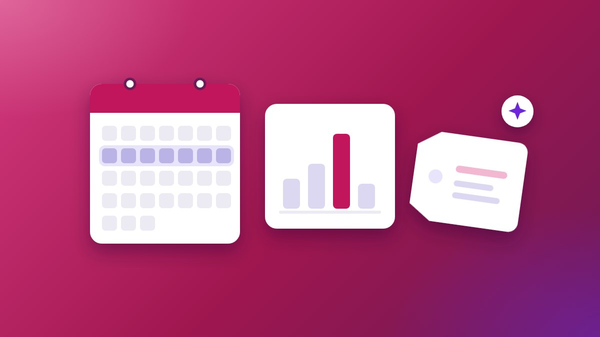A drawn month with its quiet week shaded, last year's sales as plain bars with one picked out in magenta, and an offer tag with a spark made from it.
