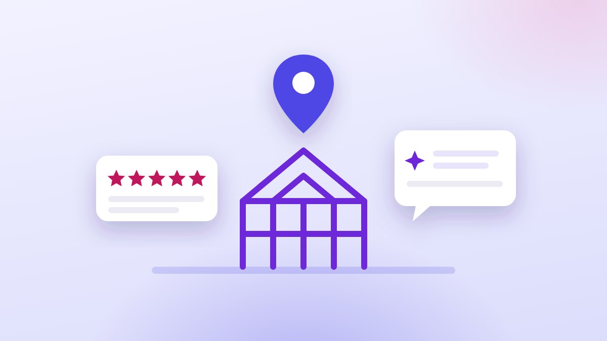 A drawn house in timber frame under a map pin, with a review card of five stars on one side and an AI answer bubble on the other.