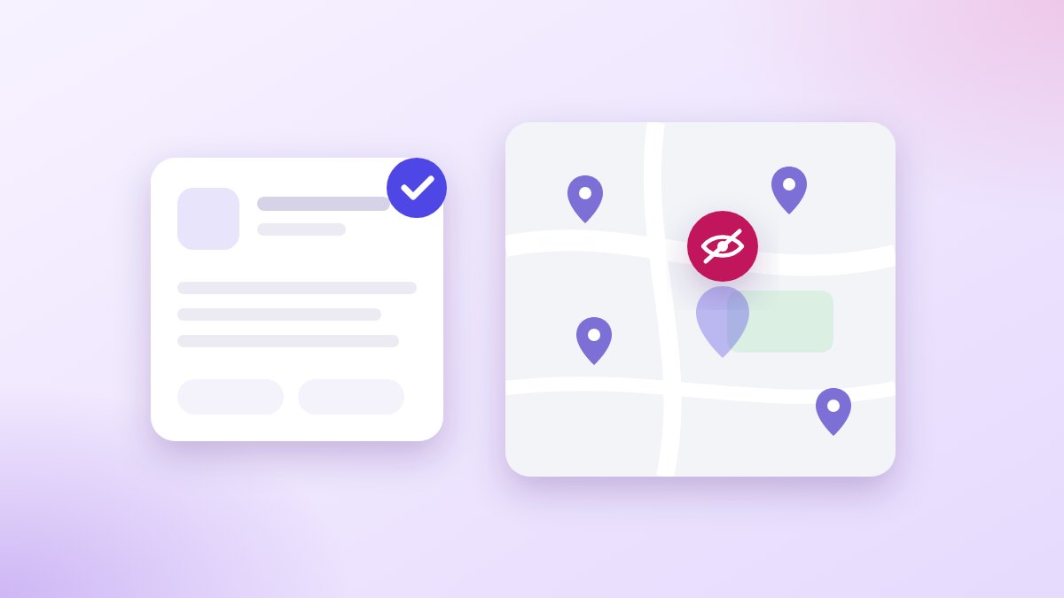 A drawn business listing with a verified tick beside a map where its own pin is faded and marked with a struck-through eye.