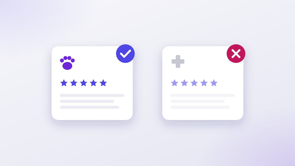 Two drawn review cards: one marked with a paw and ticked, one marked with a medical cross and struck through.