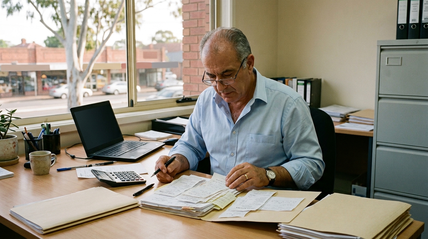 An accountant in reading glasses working through a client’s folder of paper records at his desk, a laptop and a calculator beside him and shops across the street through the window