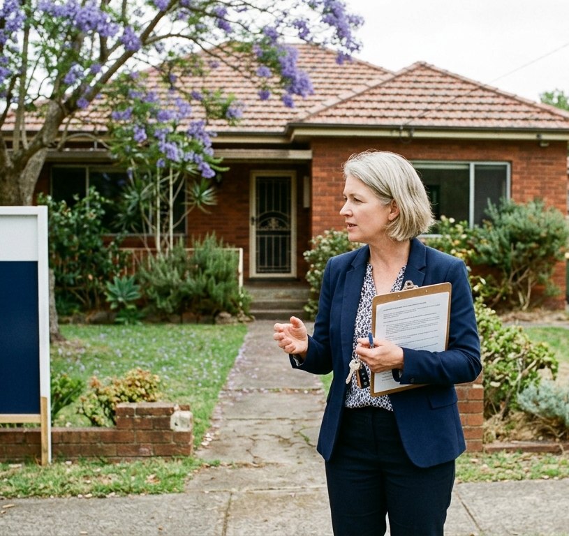 A real estate agent in a navy blazer holding a clipboard and keys on the front path of a red brick house, a jacaranda in flower beside her