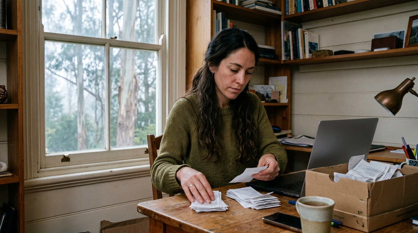 A business owner at her desk at home, sorting a box of receipts beside an open laptop