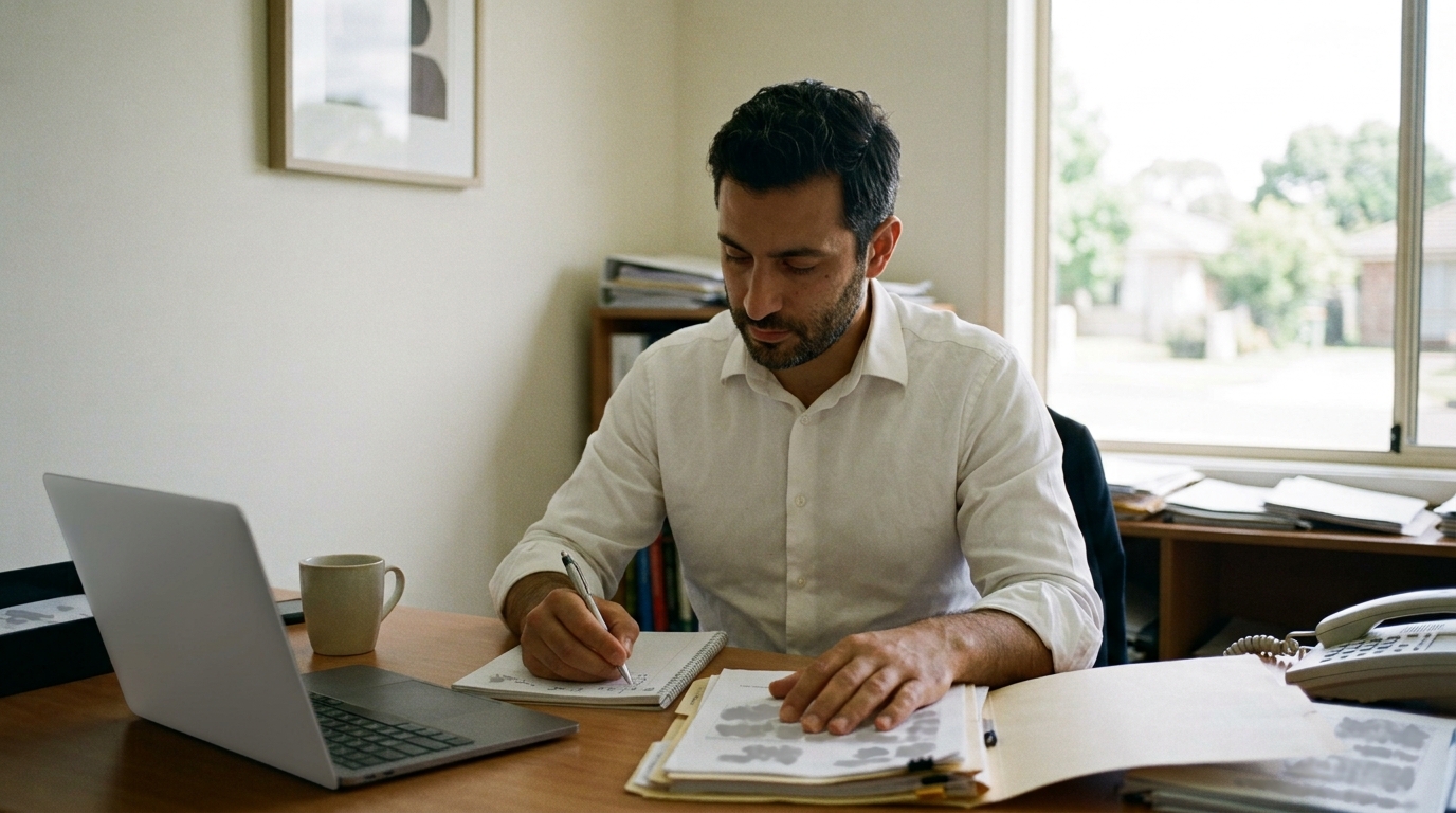 A mortgage broker in a white shirt writing on a notepad at his desk, one hand on a folder of documents, a laptop and a desk phone beside him