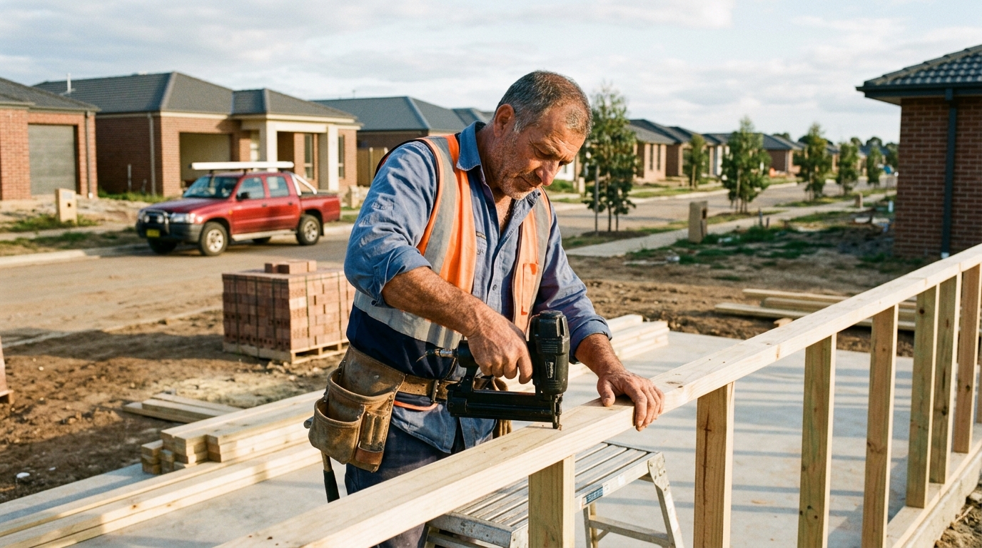 A carpenter fixing the top plate of a pine wall frame with a framing nailer, a pallet of bricks and new brick houses behind
