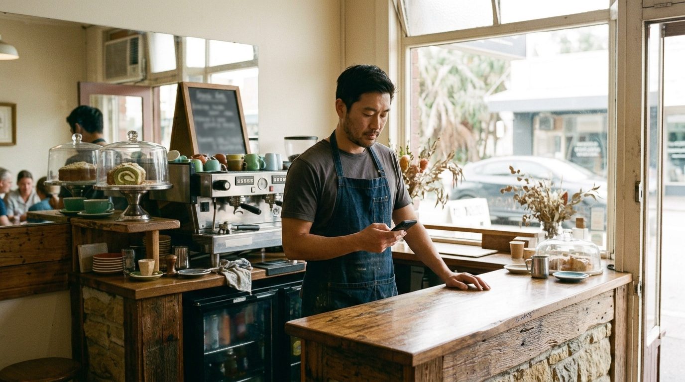 A cafe owner checking his phone behind the counter, the espresso machine and a cake dome behind him