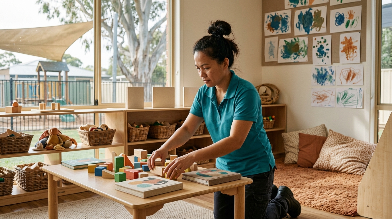 An educator in a teal polo laying out wooden blocks and picture books on a low table in an empty play room, paintings on the wall and a shade sail over the yard outside