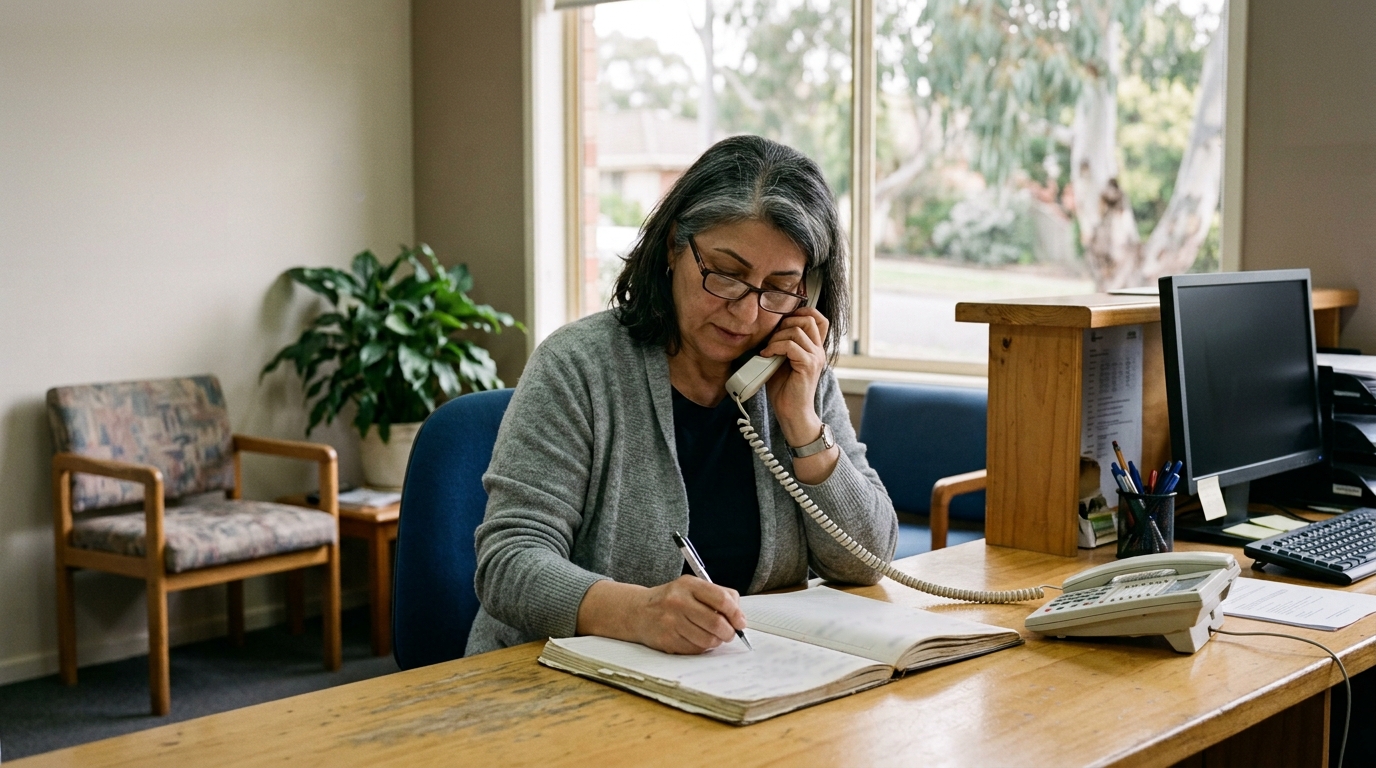 A receptionist at a practice front desk on the phone, writing in an appointment book