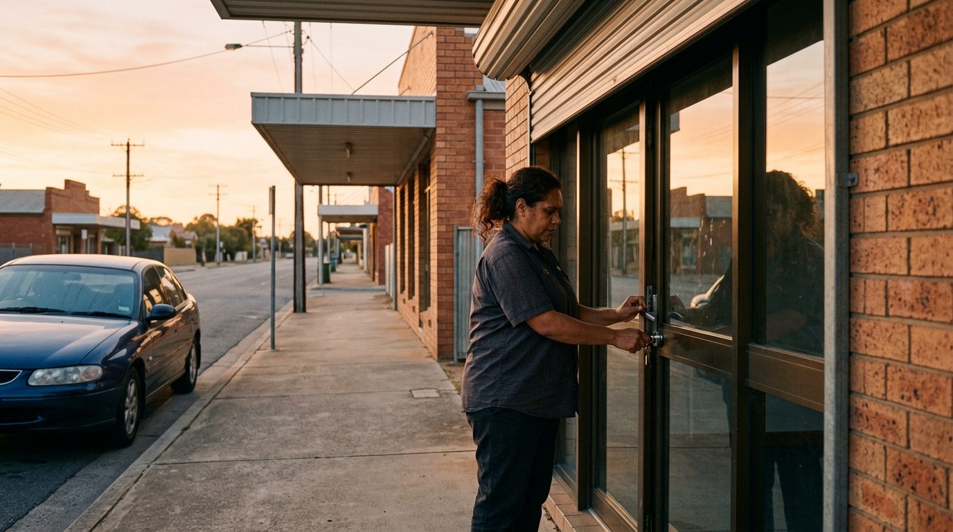 A shop owner unlocking the front door at dawn, awnings over the footpath and a car at the kerb