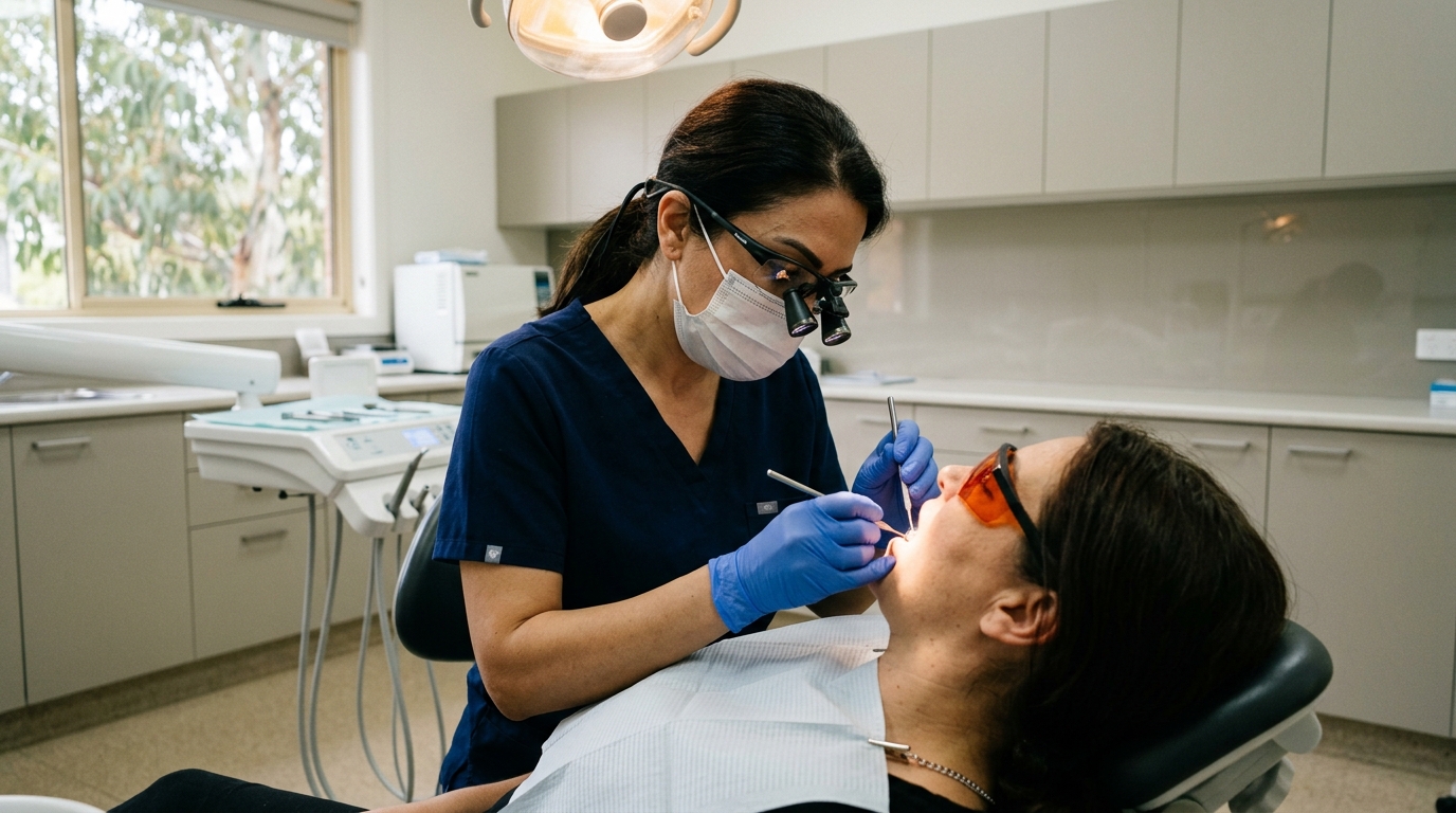 A dentist in navy scrubs, a mask and magnifying loupes examining a patient reclined in the chair, in a treatment room with a eucalyptus outside the window