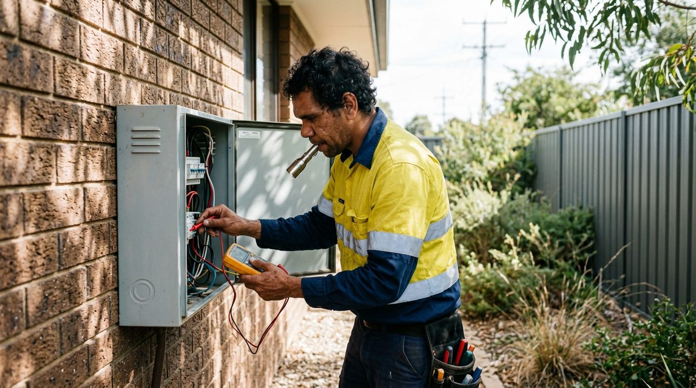 An electrician in two-tone hi-vis testing an open switchboard with a multimeter, a torch held in his mouth, on a brick veneer wall