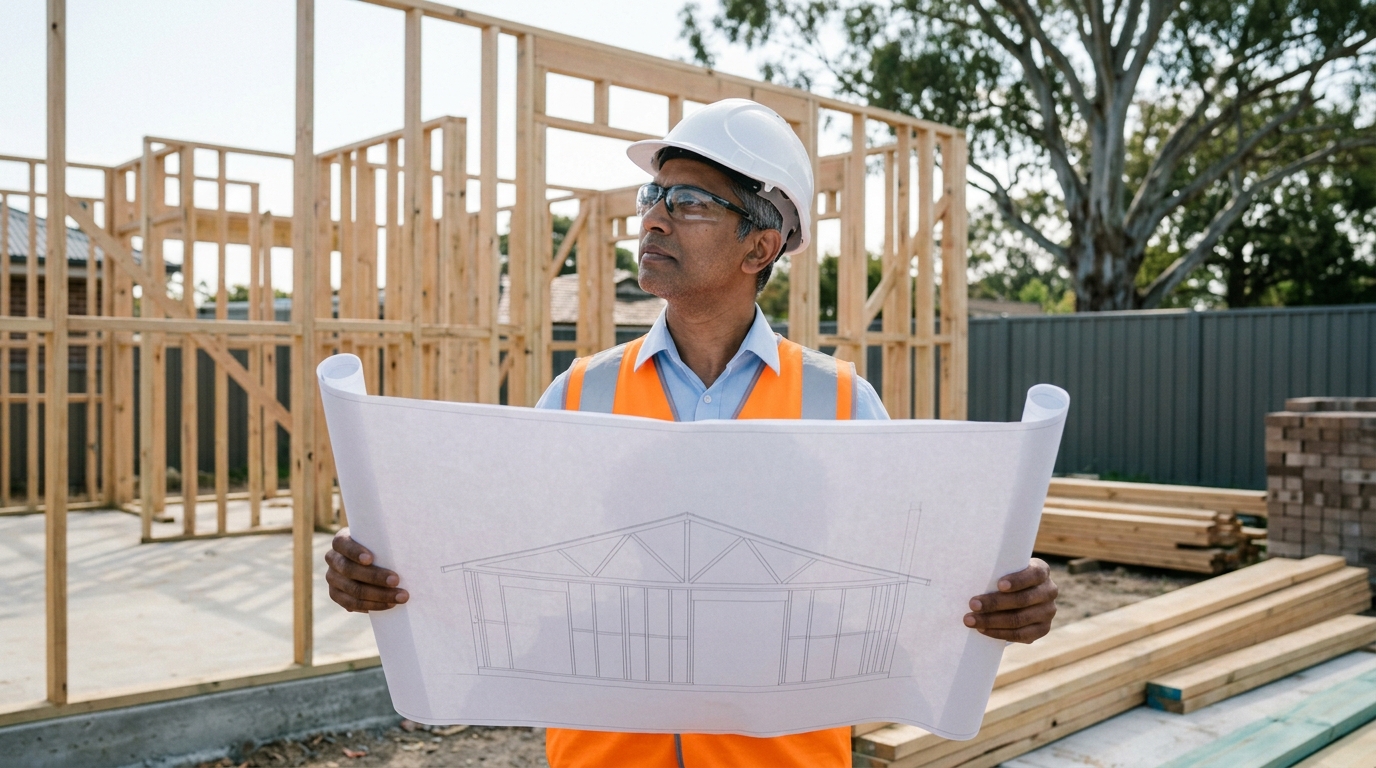 A structural engineer in a white hard hat and hi-vis vest holding an unrolled drawing on a residential building site, pine wall frames behind him