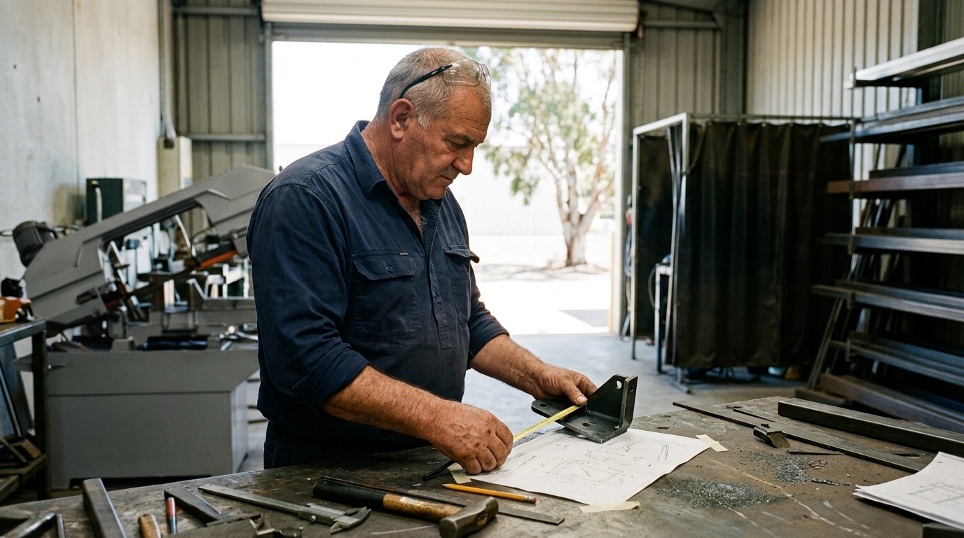A metal fabricator at a steel workbench checking a freshly cut bracket against a printed drawing with a tape measure, a bandsaw and a welding curtain behind him