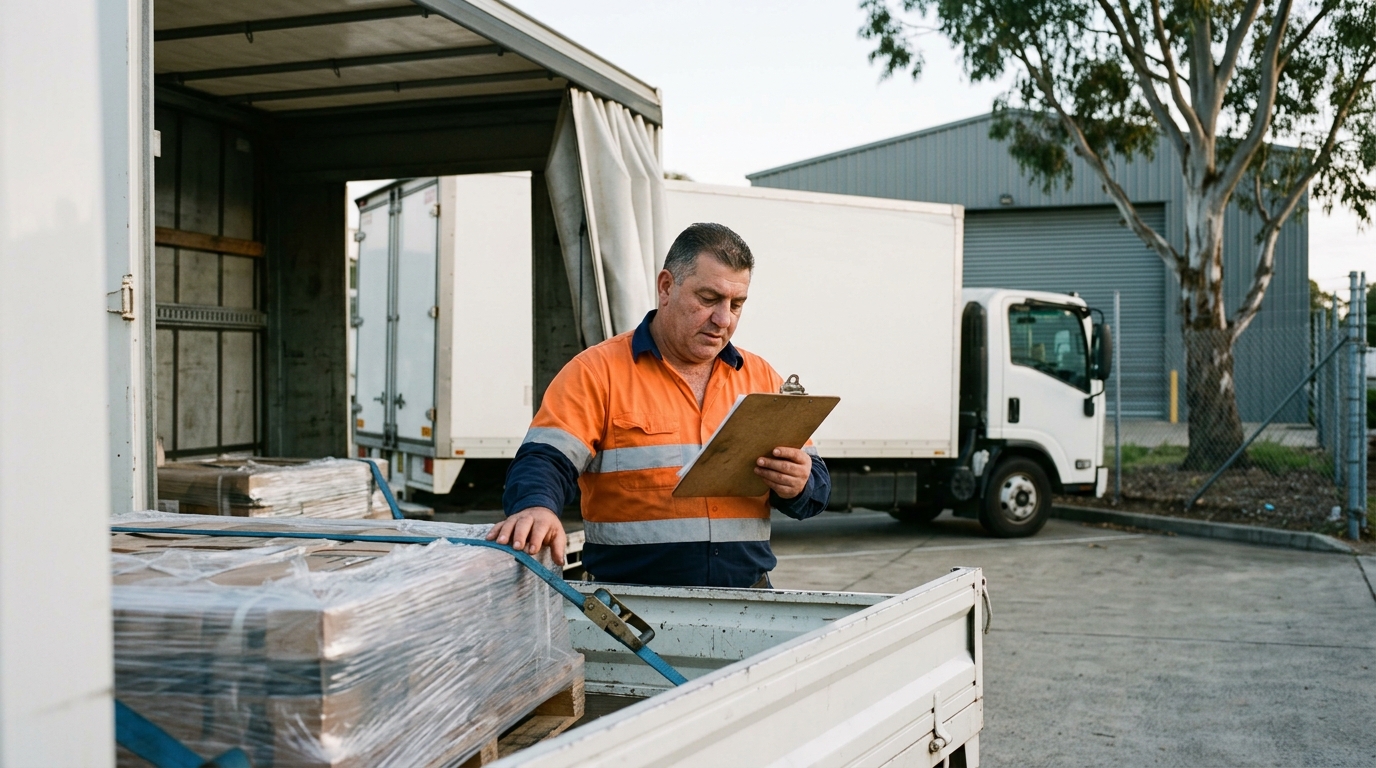 The owner of a small freight business checking a clipboard beside shrink-wrapped pallets on a truck tray, a second white truck and a steel shed behind him