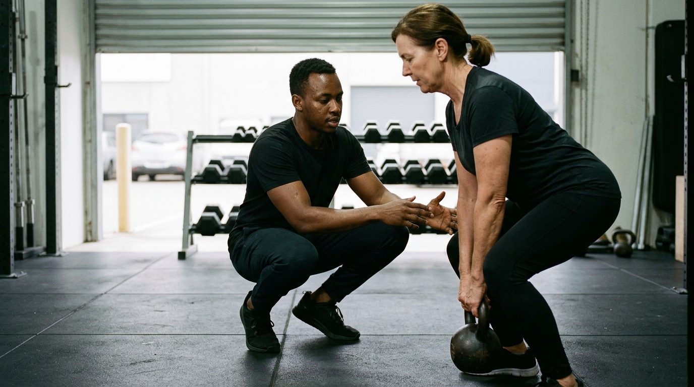 A personal trainer crouched beside a client, coaching her through a kettlebell deadlift in a small strength gym