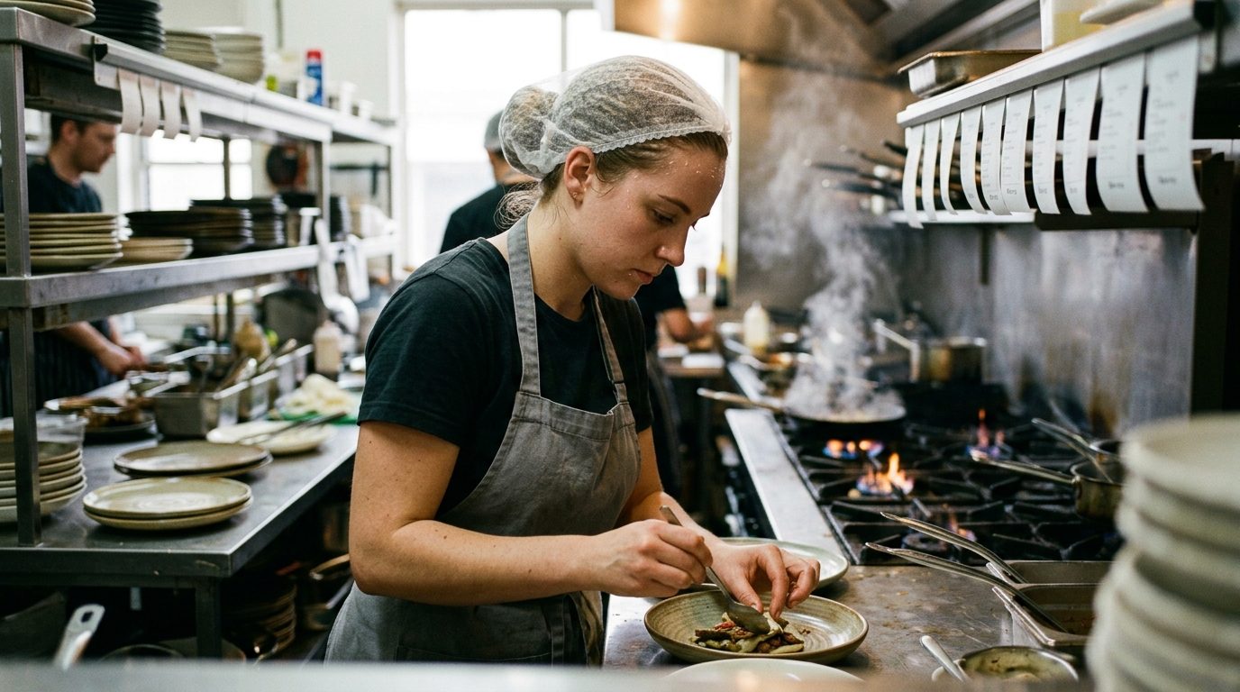 A cook in a hair net and apron plating a dish on the line of a busy restaurant kitchen, burners alight behind her