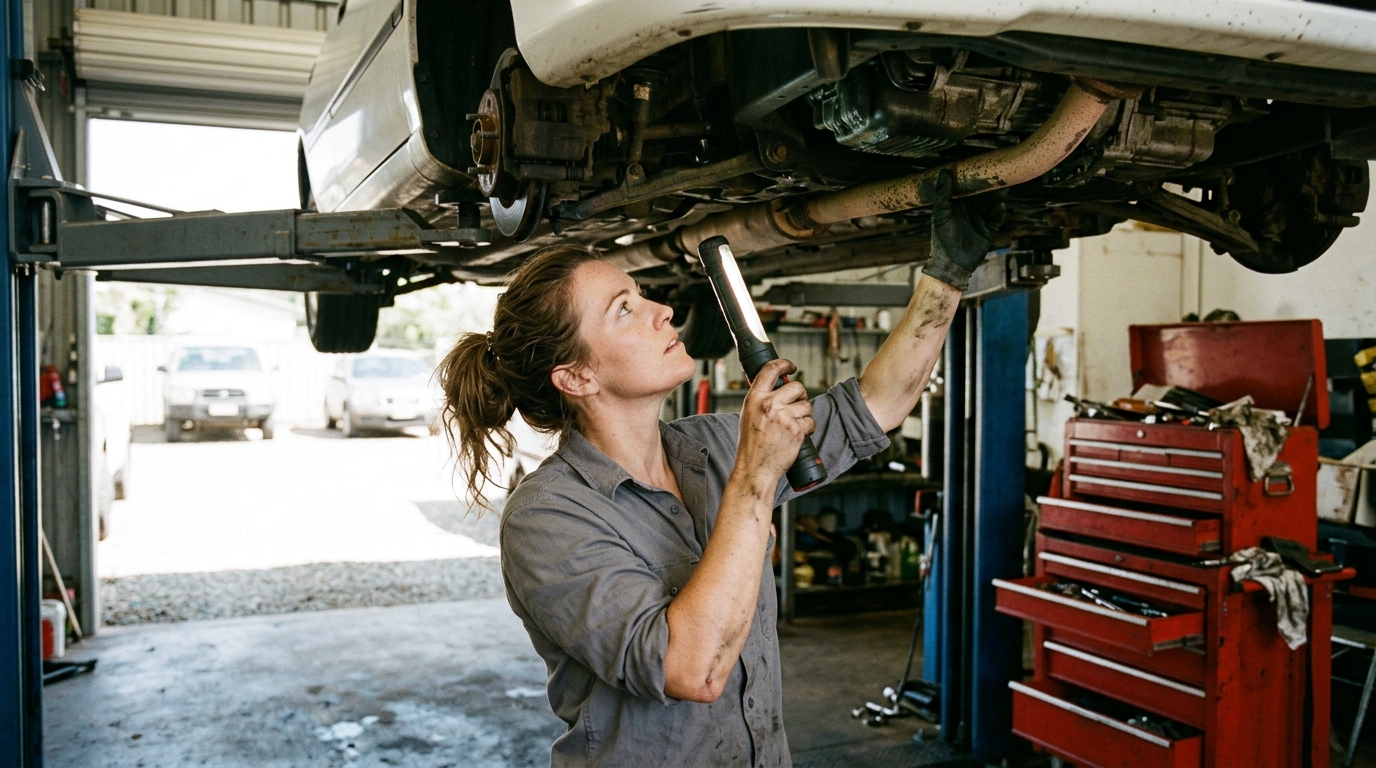 A mechanic under a car on a two-post hoist, checking the underside with a torch, an open red tool chest beside her