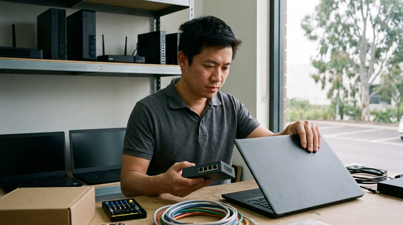 The owner of a small IT support business at a workbench, holding a small network switch with one hand on an open laptop, spare laptops and routers on the shelves behind him