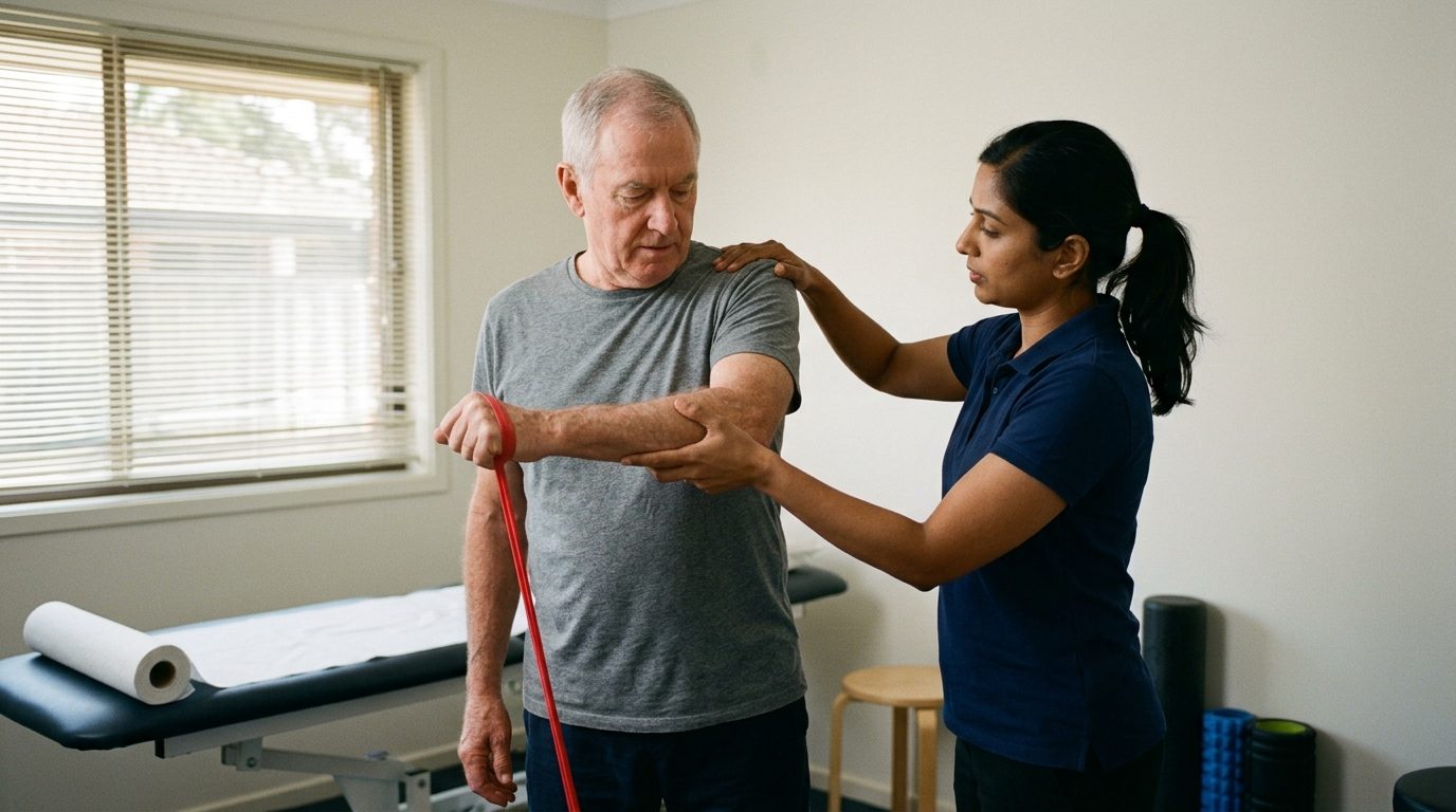 A physiotherapist guiding an older patient through a resistance band exercise in a sunlit clinic