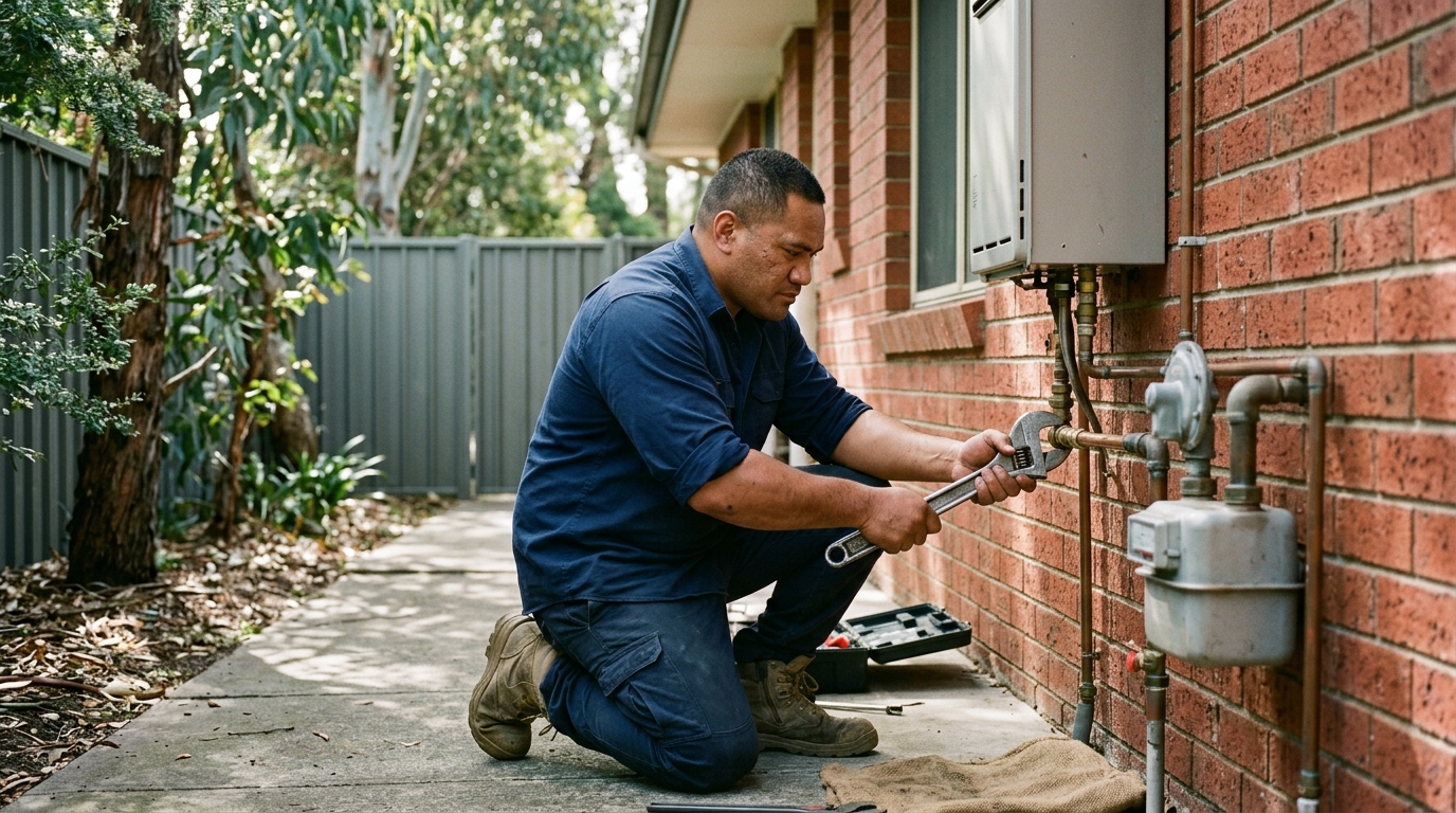 A plumber kneeling on a concrete side path with a shifter on the pipe fittings of a gas hot water system, beside the gas meter on a brick veneer wall