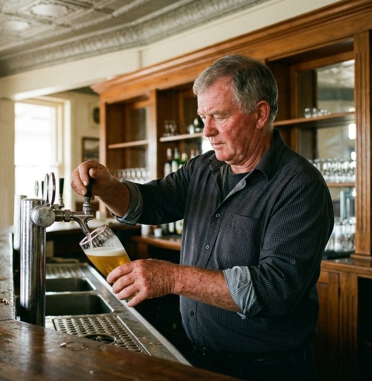 A publican pulling a beer at the long timber bar of an old country hotel, under a pressed-metal ceiling