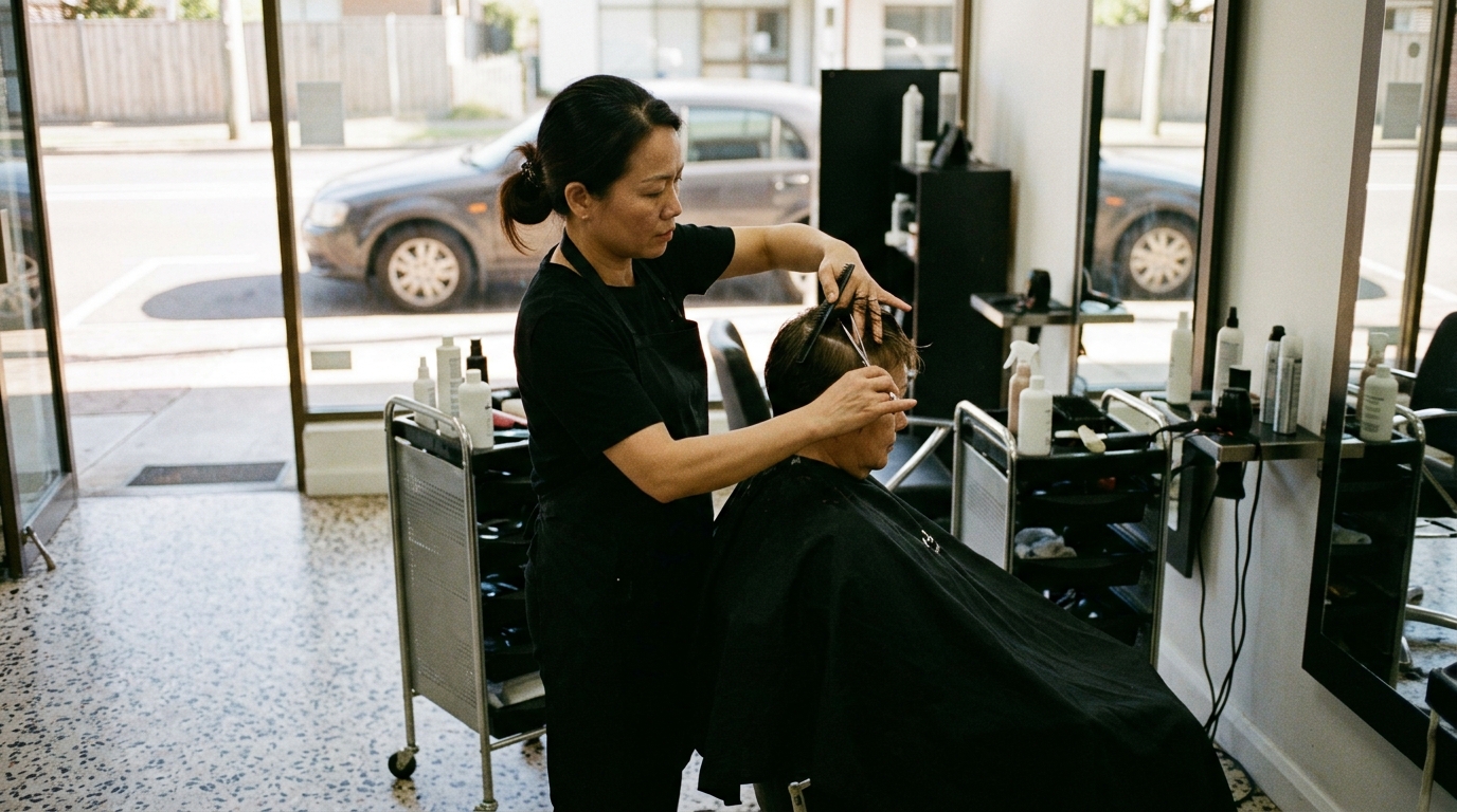 A hairdresser cutting a client’s hair at the chair, the street and a parked car through the window behind her