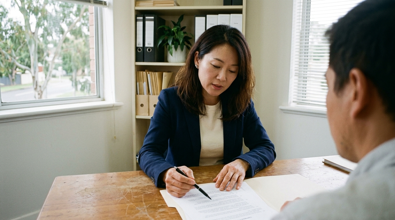 A solicitor in a navy blazer pointing with her pen to a clause in a printed document on her desk, a client seen from behind in the foreground