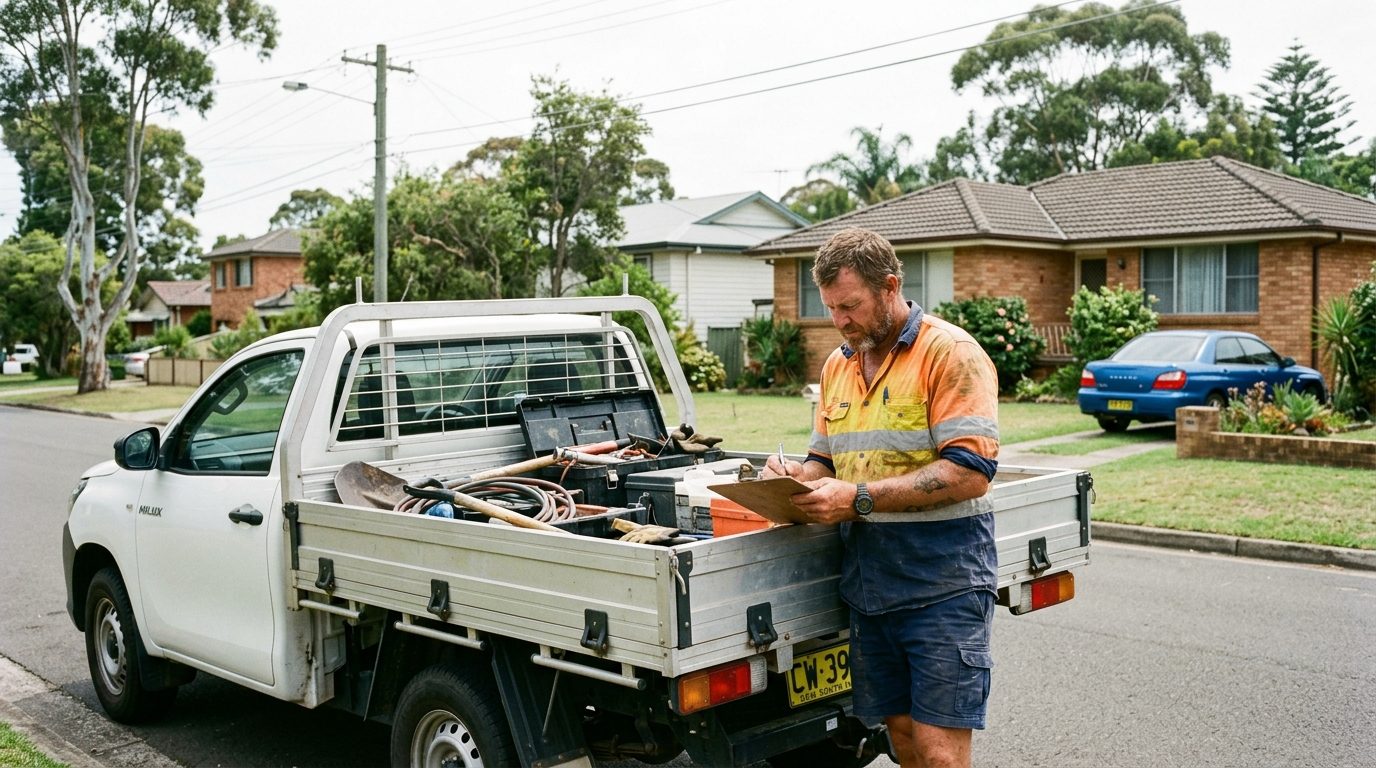 A tradesperson in hi-vis writing on a clipboard at the back of a ute