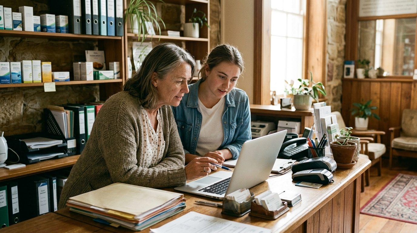 Two women at a laptop on a timber counter in a small-business back office