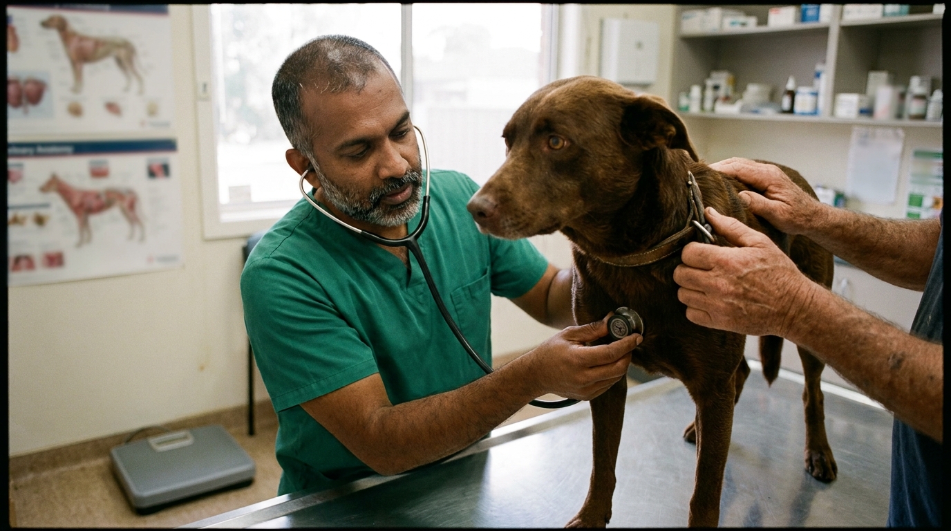 A vet in green scrubs listening to the chest of a brown kelpie cross on a stainless consulting table